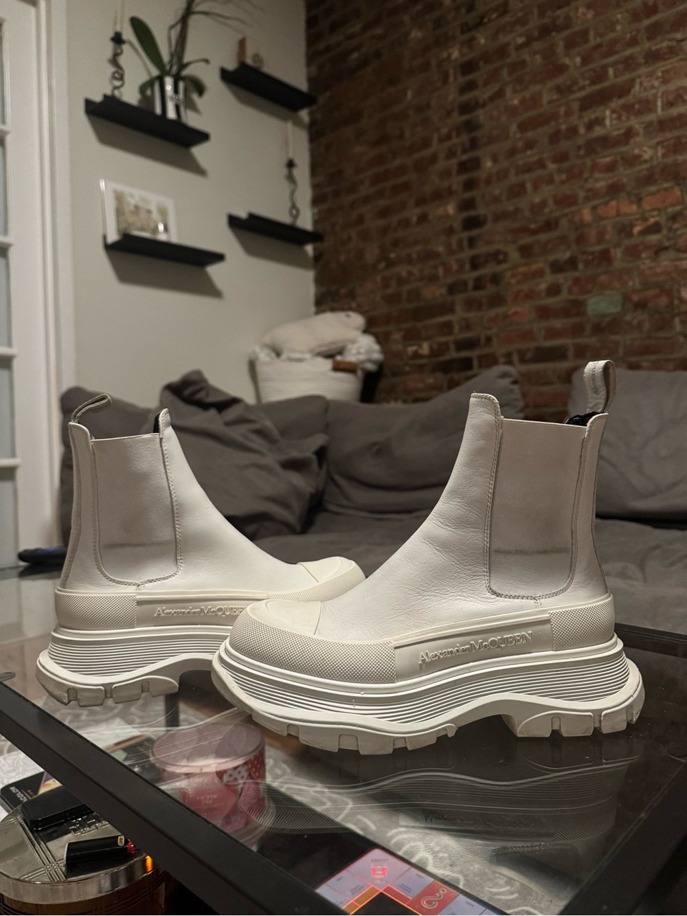 Alexander McQueen Women’s White Leather Tread Slick Chelsea Boots